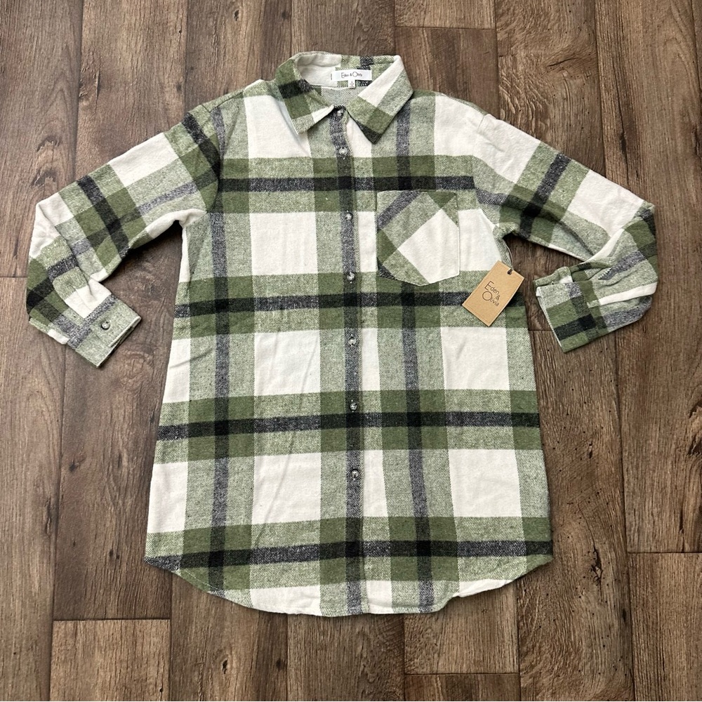 Eden & Olivia Plaid Flannel Olive Ivory Button Up Longer Shirt Women's Size S